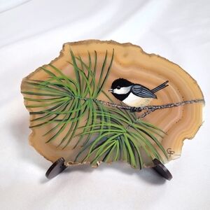 VTG Hand Painted Bird Scene On Agate Signed by Artist w/Stand